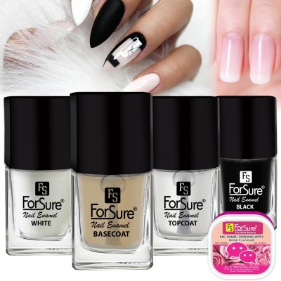 ForSure Trendy Quick Dry Gel Nail Polish Nail Art Combo Pack (5ml Each) Base Coat ,Top Coat ,White & Black Nail Polish(Pack of 4)