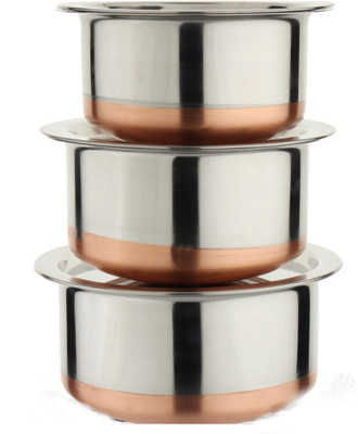 LIMETRO STEEL 3 Pieces Heavy Gauge Copper Bottom Tope Set with lid / Cookware set with Lid Tope Set with Lid 1 L, 1.5 L, 2 L capacity 20 cm diameter(Stainless Steel)