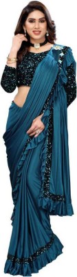 fem hub Embellished, Solid/Plain Bollywood Lycra Blend Saree(Blue)