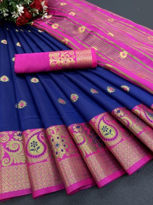 Harekrishna creation Woven Banarasi Jacquard, Cotton Silk Saree(Gold, Blue, Pink)