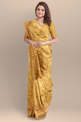 FluteFashion Self Design Jamdani Cotton Blend Saree(Yellow)