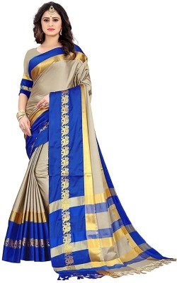 Fashion Club Collection Striped Daily Wear Cotton Silk Saree(Beige)