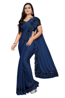 KJP VILLA Self Design Bollywood Lycra Blend Saree(Dark Blue)