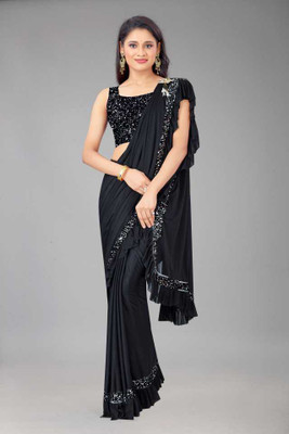 fem hub Solid/Plain Daily Wear Lycra Blend Saree(Black)