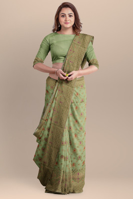 FluteFashion Self Design Jamdani Cotton Blend Saree(Light Green)