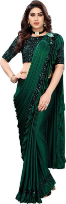 fem hub Embellished, Solid/Plain Bollywood Lycra Blend Saree(Green)