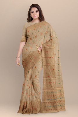 FluteFashion Self Design Jamdani Cotton Blend Saree(Beige)