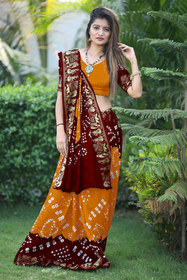 JERAVI Enterprise Printed Bandhani Art Silk Saree(Maroon, Mustard)