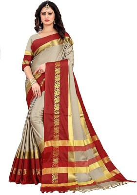 Fashion Club Collection Striped Daily Wear Cotton Silk Saree(Beige)