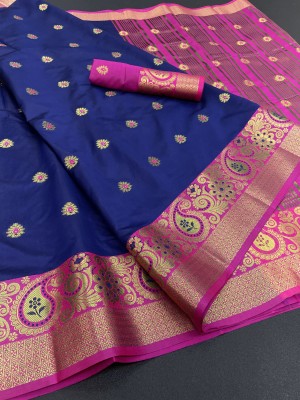 Harekrishna creation Woven Maheshwari Jacquard, Cotton Silk Saree(Gold, Blue, Pink)