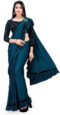 khodal chhaya Solid/Plain Bollywood Lycra Blend Saree(Blue)