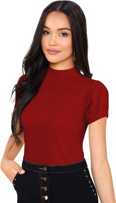 Zanies Solid Women Round Neck Maroon T-Shirt