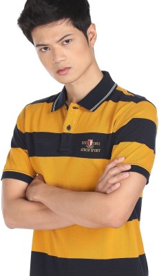 ARROW Striped Men Polo Neck Yellow T-Shirt