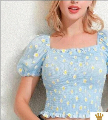 DZEB Casual Embroidered Women Blue Top