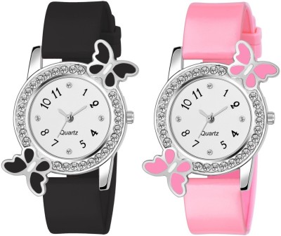 YUKAX New Branded & Stylish Buterfly Shape With Diamond Fab Combo Pink & Black Watches Analog Watch  - For Girls