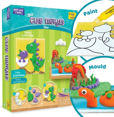 Imagimake Clay Murals - Dino - Modeling Clay & Glass Paint - 5 Designs - Art & Craft Kit