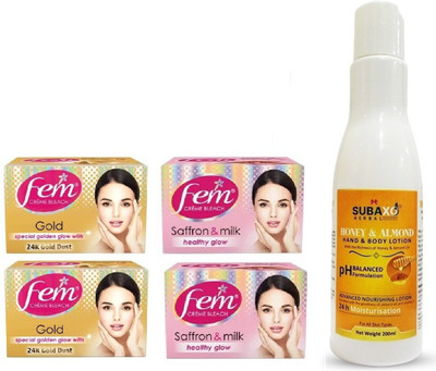Fem GOLD CREME BLEACH 2 PC AND SAFFRON & MILK 2 PC EACH 40 GM AND SUBAXO HONEY ALMOND BODY LOTION 200 ML(5 Items in the set)