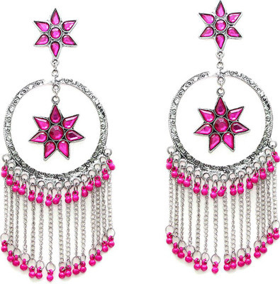 Fashion Factory Pink and German Silver Long Earrings for Women and Girls Alloy Drops & Danglers