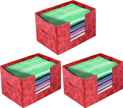 KUBER INDUSTRIES Storage Box Metallic Flower Printed Non-Woven Organizer With Handle- Pack of 3 (Red) HS43KUBMART026409(Red)