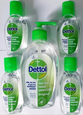 Dettol Instant Original Pump Dispenser (200*1)+(50*4) Hand Sanitizer Bottle + Dispenser