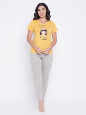 Clovia Women Graphic Print Yellow Top & Pyjama Set