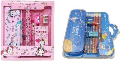 Preili's Unicorn and space galaxy Unicorn, Space Galaxy Art EVA Pencil Boxes(Set of 2, Pink, Blue)