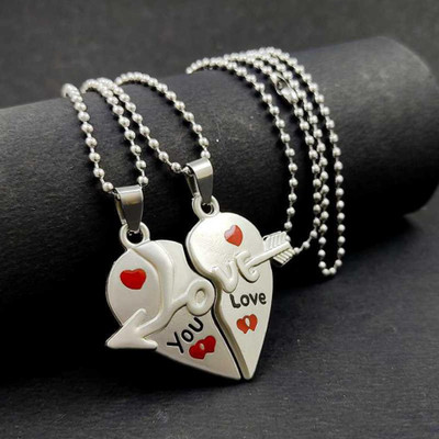 Agarwalproduct I Love You Couple Special Heart Pendant Chain Necklace Stainless Steel Locket Rhodium Alloy Pendant Set