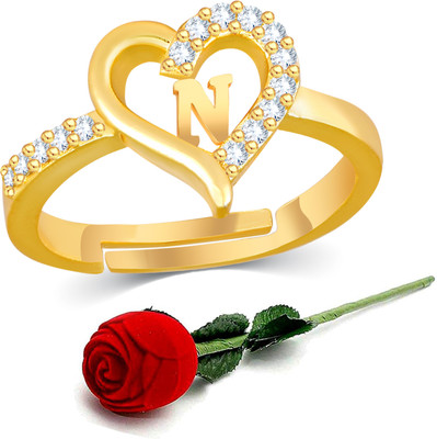 Kanak Jewels Heart Alphabet Letter Initial N Ring with Rose Box Gold Plated Ring KJRBG83 Brass Cubic Zirconia Gold Plated Ring Set