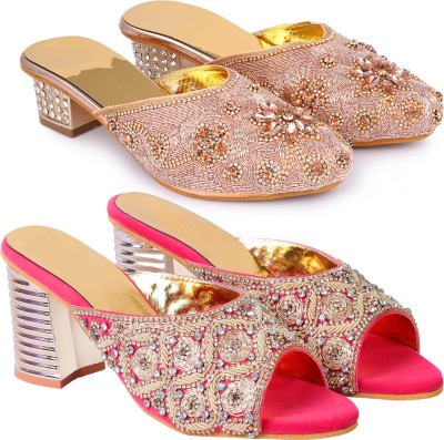 Zionk Women Heels(Gold, Pink , 6)