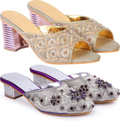 Zionk Women Heels(Gold, Purple, Silver , 5)