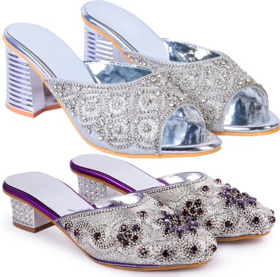 Zionk Women Heels(Silver, Purple , 5)