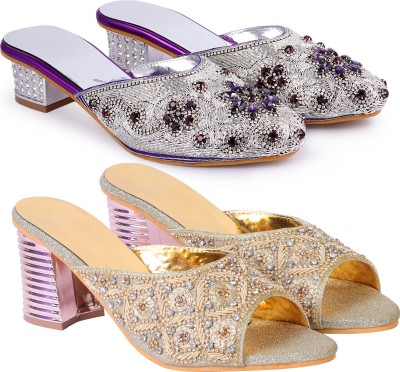 Zionk Women Heels(Gold, Silver, Purple , 12)