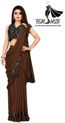 fem hub Solid/Plain Daily Wear Lycra Blend Saree(Brown)