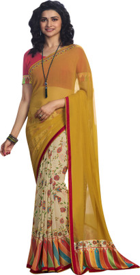 J & J Companys Floral Print Daily Wear Georgette, Chiffon Saree(Beige, Yellow)