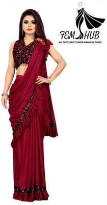 fem hub Solid/Plain Daily Wear Lycra Blend Saree(Red)