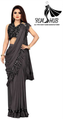 fem hub Solid/Plain Daily Wear Lycra Blend Saree(Grey)