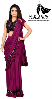 fem hub Solid/Plain Daily Wear Lycra Blend Saree(Purple)