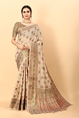 WEYLIN Self Design, Printed, Embellished, Floral Print, Solid/Plain Banarasi Jacquard, Cotton Linen Saree(Cream)