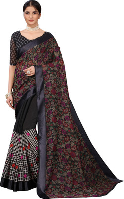 Priyashi Floral Print Bollywood Cotton Linen Saree(Black)