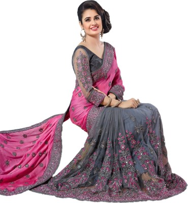 Hensi sarees shop Self Design, Embroidered, Embellished, Dyed, Checkered, Color Block, Solid/Plain, Striped, Woven Pochampally Net, Art Silk Saree(Pink, Grey)