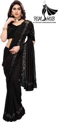 fem hub Solid/Plain Daily Wear Lycra Blend Saree(Black)