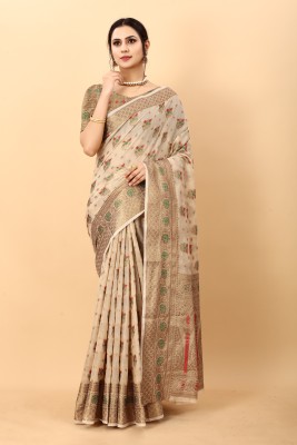 WILLMAKE Woven Bollywood Jacquard, Cotton Silk Saree(Cream)