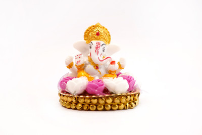 Jiyansh Creation Lord Ganesha Idol with Bangle Design I Ganesh ji Statue for Temple Decorative Showpiece  -  3.5 cm(Polyresin, White, Pink)