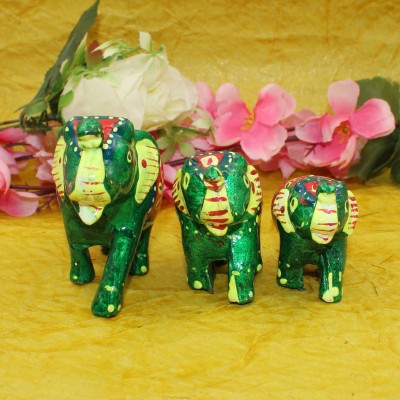 Fashion Bizz 3 Pcs Set Of Green Elephnat Set Decorative Showpiece  -  10 cm(Paper Mache, Multicolor)