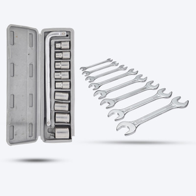 Hillgrove HGCM49M2 10Pcs Hex Spannar Socket Set with 8Pcs Double Open End Wrench Set Hand Tool Kit(2 Tools)
