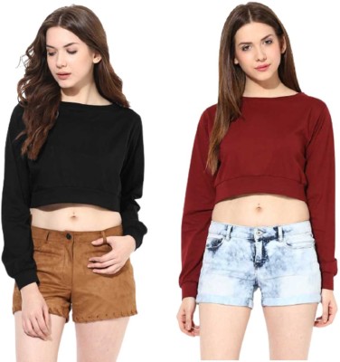 SELVIKE Casual Solid Women Maroon, Black Top