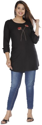 Fashion Point Casual Embroidered Women Black Top