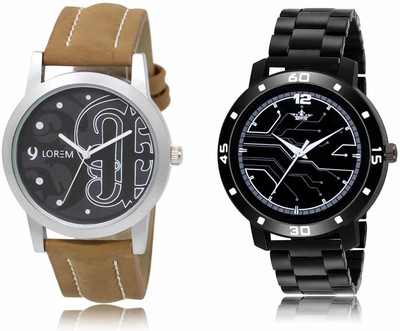 LOREM LR14-LR113 Set Of 2 Casual Round Synthetic Leather & Metal Analog Watch  - For Men