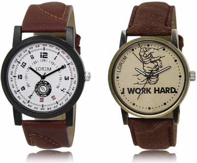 LOREM LR11-LR29 Set Of 2 Casual Round Synthetic Leather Analog Watch  - For Men