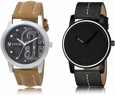 LOREM LR14-LR67 Set Of 2 Casual Round Synthetic Leather Analog Watch  - For Men